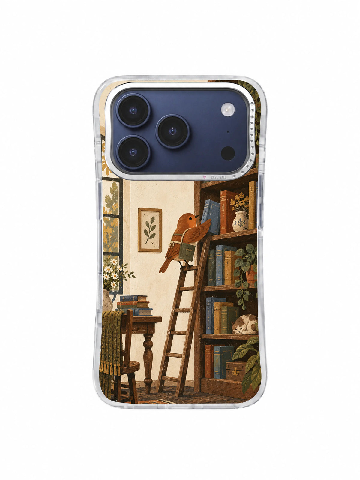 Bird librarian above books and a dark wooden chair phone case artwork