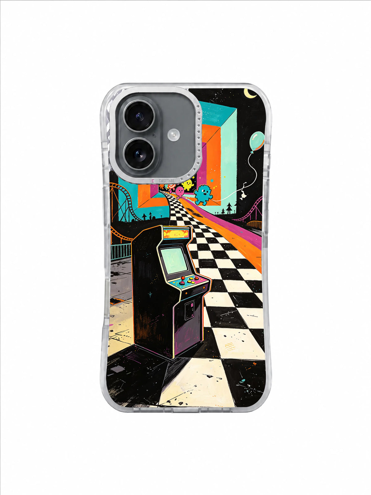 The Laughing Level iPhone 17 Case – Neon Checkerboard Joy Run artwork