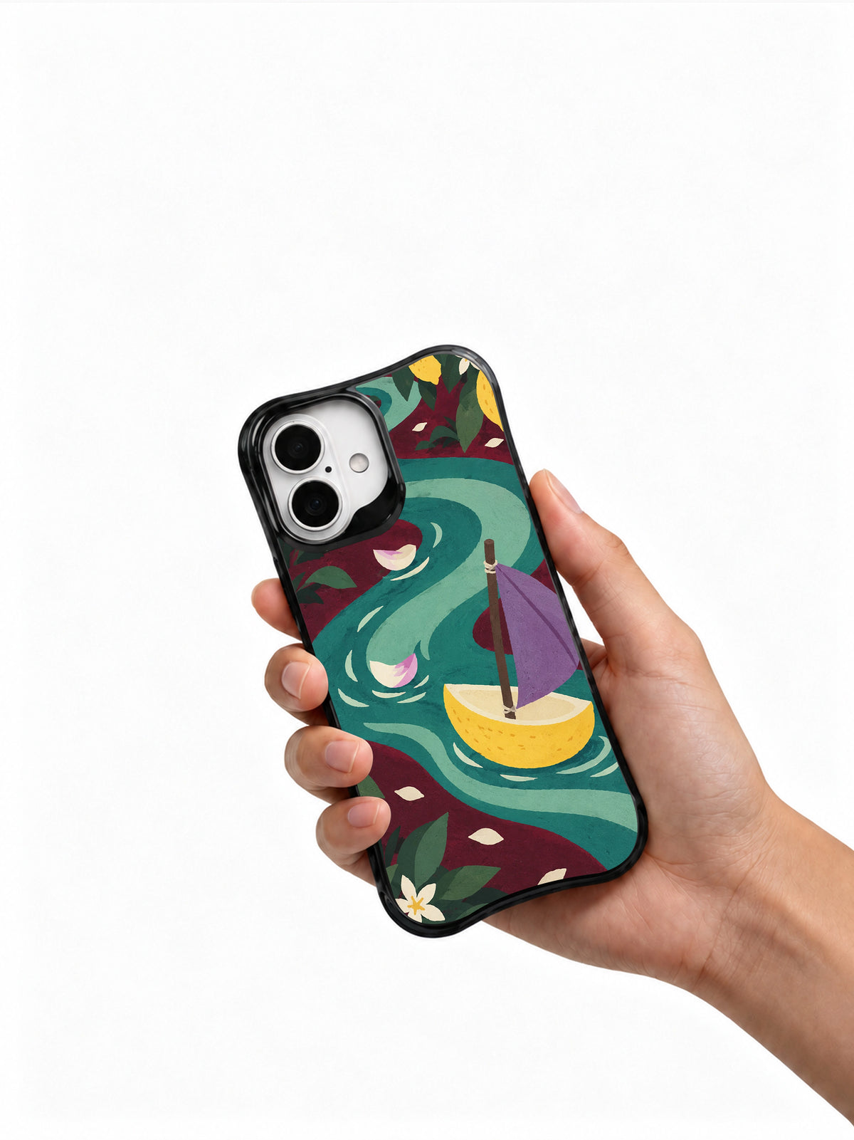 The Lemon Regatta iPhone 16 case held in hand