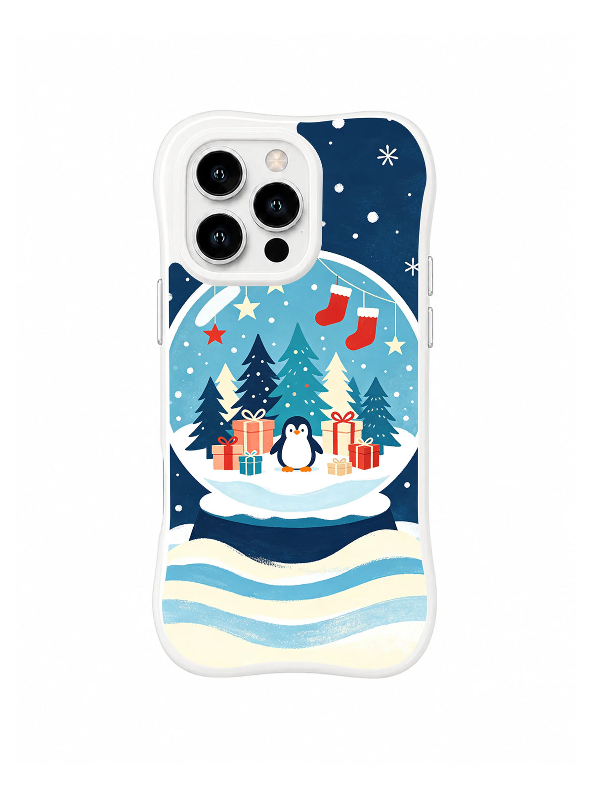 Clear-edge iPhone 15 Pro case showing a penguin among dark fir trees, coral gifts, paper stars and layered blue snowdrifts