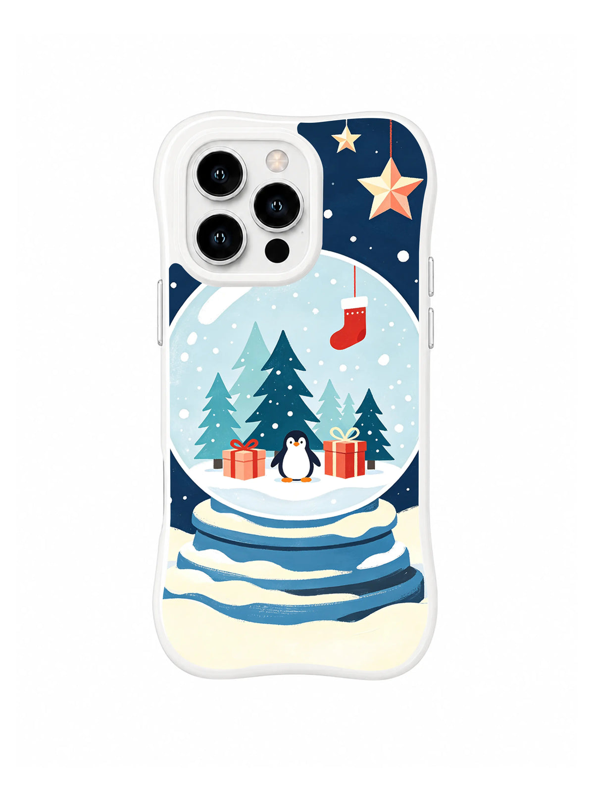 Clear-edge iPhone 15 Pro case with a penguin, icy aqua snow globe, red stocking, coral gifts and large paper stars
