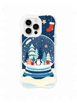 Clear-edge iPhone 15 Pro case with a small penguin, fir trees, wrapped gifts, red stocking and blue snow globe illustration