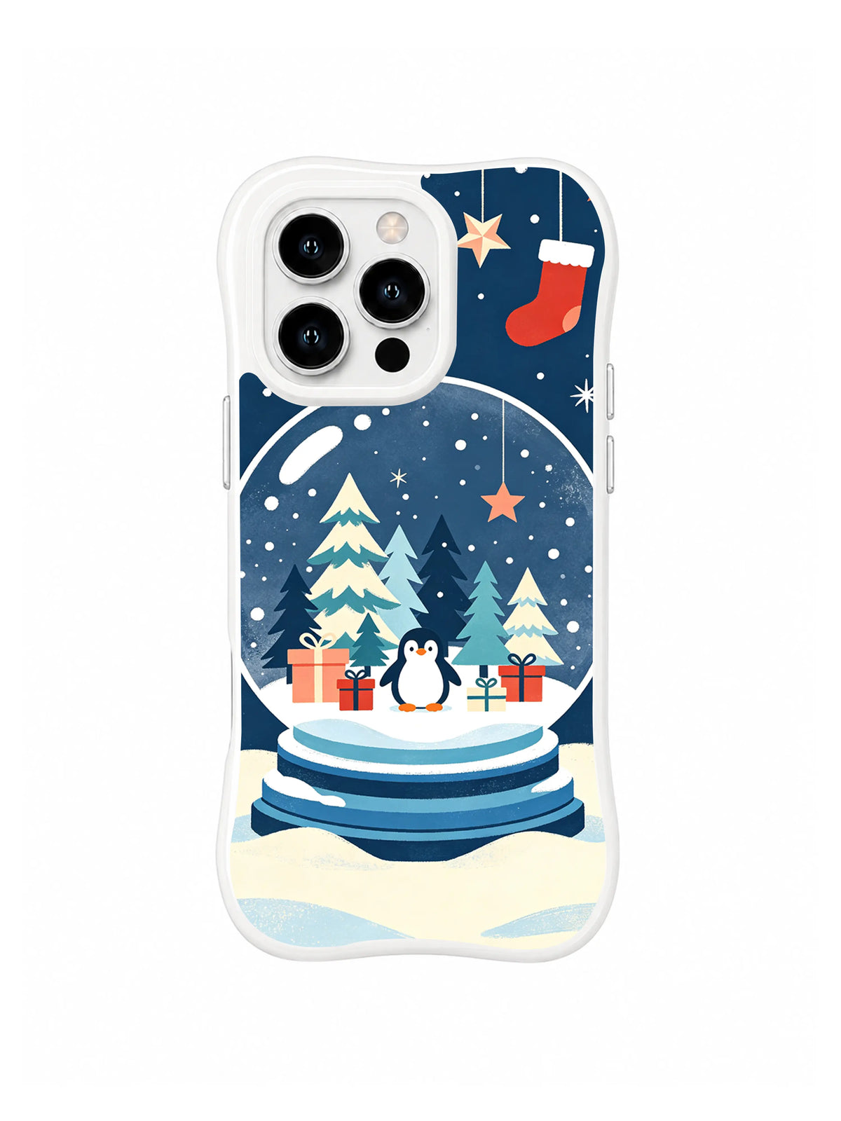Clear-edge iPhone 15 Pro case with a small penguin, fir trees, wrapped gifts, red stocking and blue snow globe illustration
