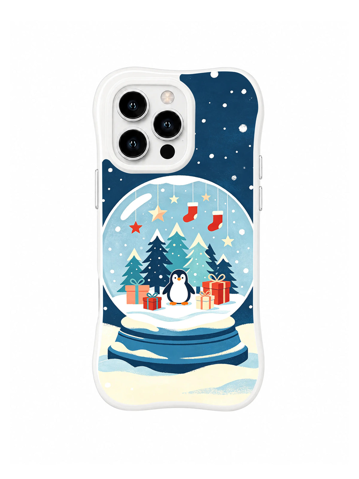 Clear-edge iPhone 15 Pro case with a penguin gathering by fir trees and gifts beneath falling snow and suspended stockings