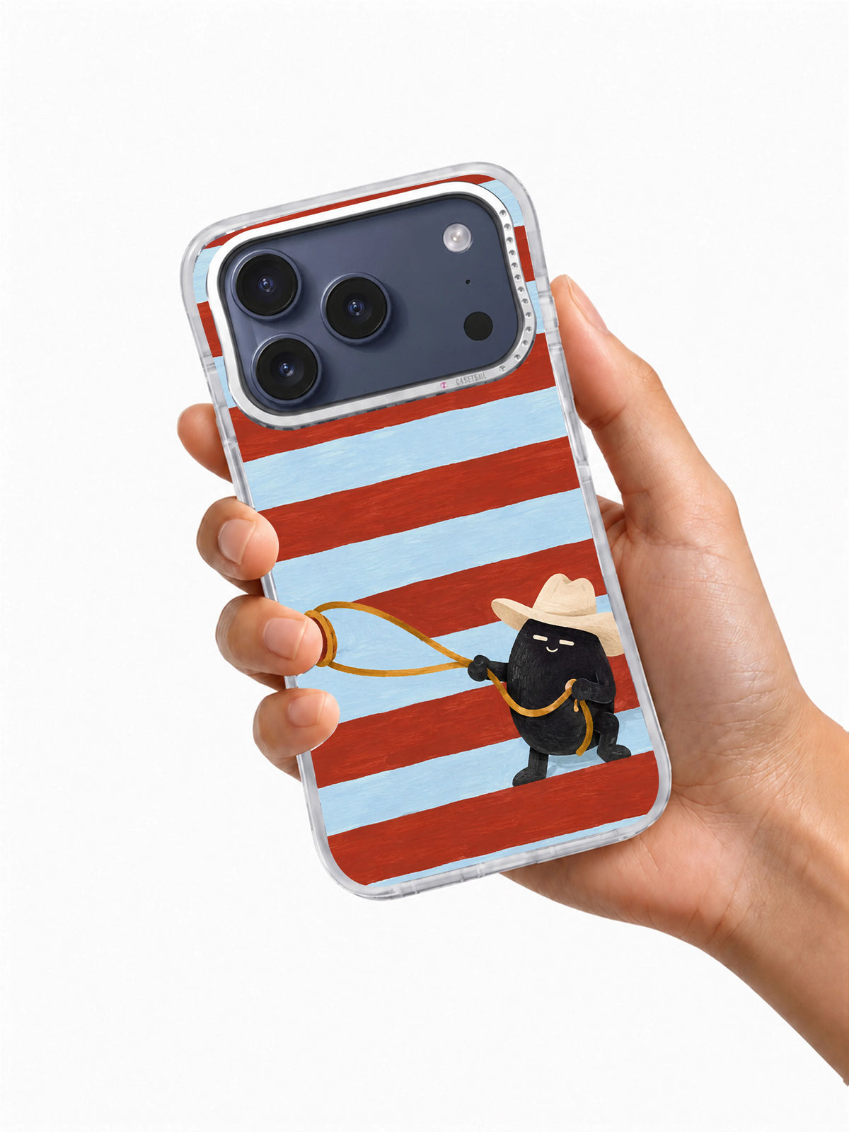 The Little Rust Rodeo iPhone 17 Pro case held in hand