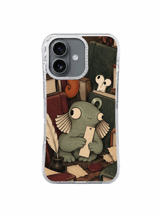 The Midnight Margin Patrol iPhone 17 Case front view with dark academia book-creature artwork