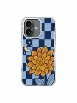 Copper Dreamflower dahlia and crescent moon on blue checkerboard iPhone 17 case
