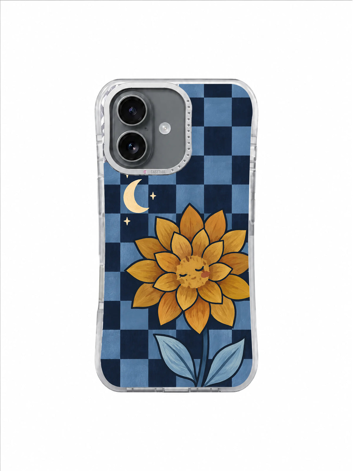Crescent Keeper Bloom gold dahlia on midnight and icy blue checkerboard iPhone 17 case