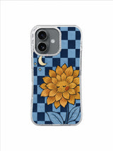 Midnight Petal Reply gold dahlia on six-column blue checkerboard iPhone 17 case