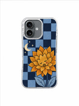 Moonlit Dahlia Letter copper-gold flower and crescent on blue checkerboard iPhone 17 case
