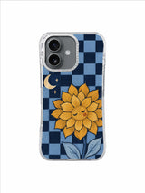 Three Star Dahlia copper flower and ivory moon on blue checkerboard iPhone 17 case