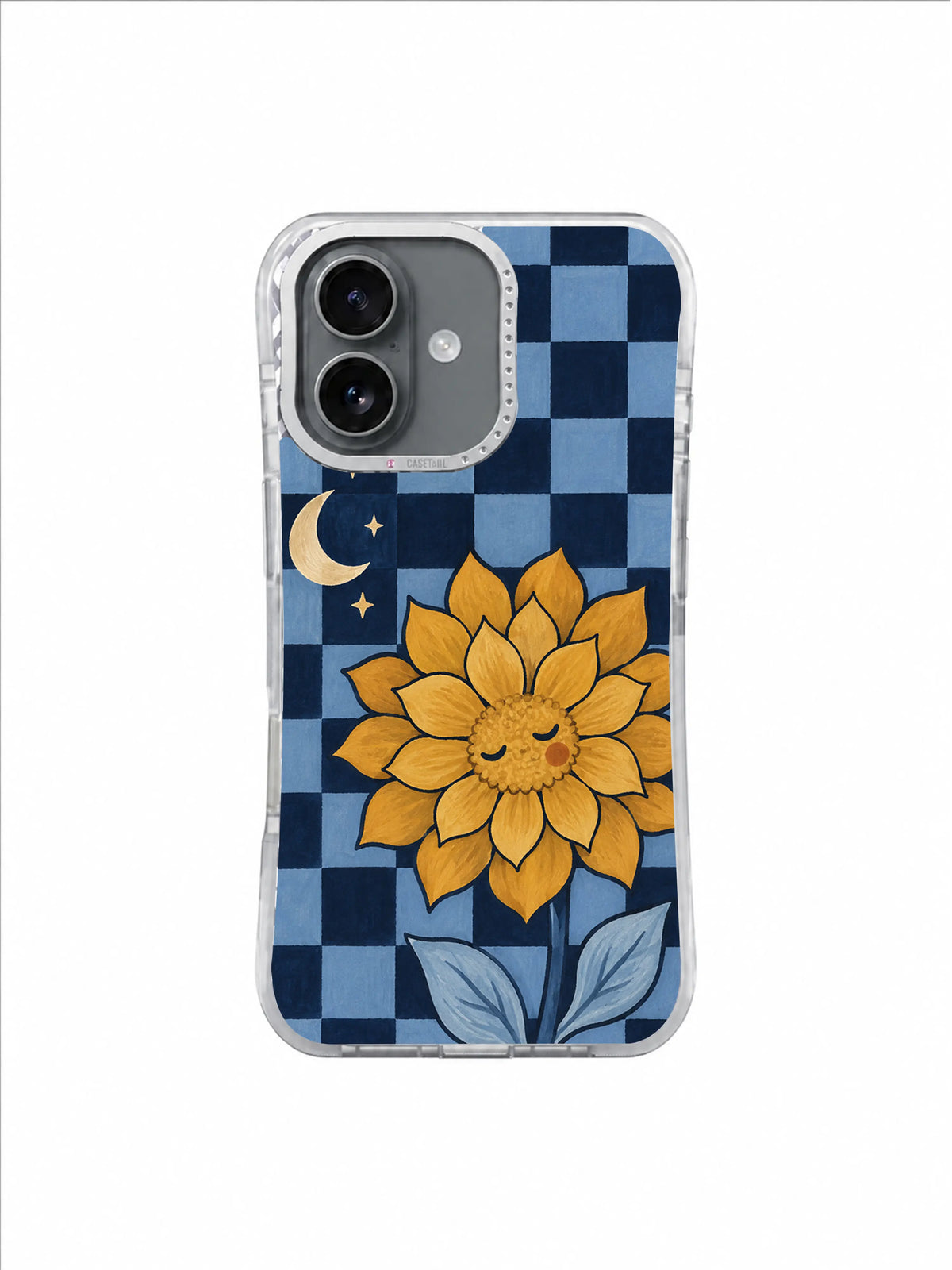 Three Star Dahlia copper flower and ivory moon on blue checkerboard iPhone 17 case