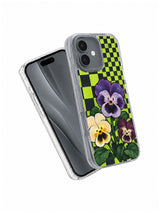 The Pansy Neighborhood iPhone 17 case angled front and back view