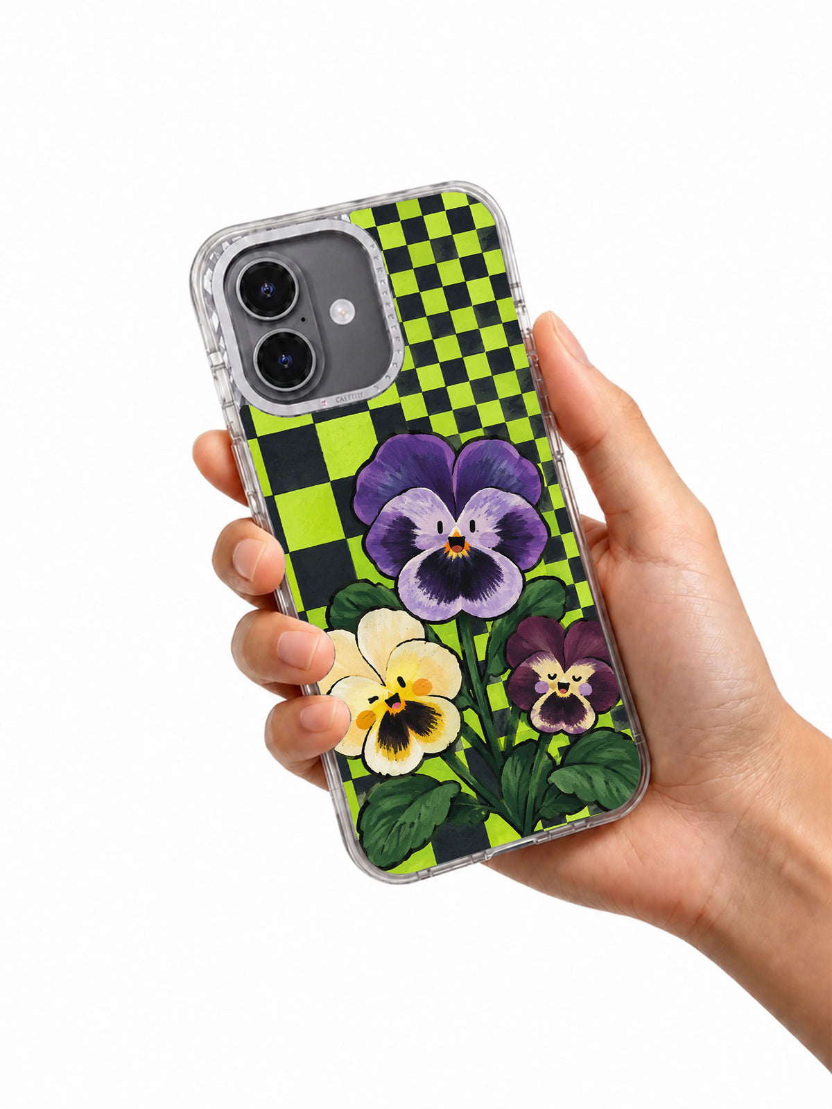 The Pansy Neighborhood floral iPhone 17 case held in hand
