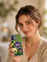 Marnie Bellwick pansy iPhone 17 case lifestyle portrait