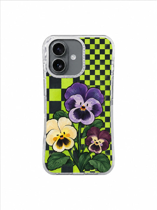 Violet Lime Neighbors pattern on an iPhone 17 case by Marnie Bellwick