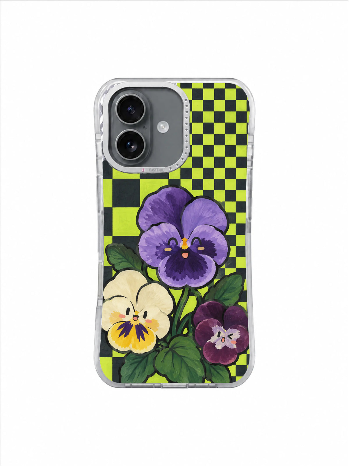 Purple Pansy Joke pattern on an iPhone 17 case by Marnie Bellwick