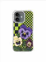 Late Laugh Pansies pattern on an iPhone 17 case by Marnie Bellwick