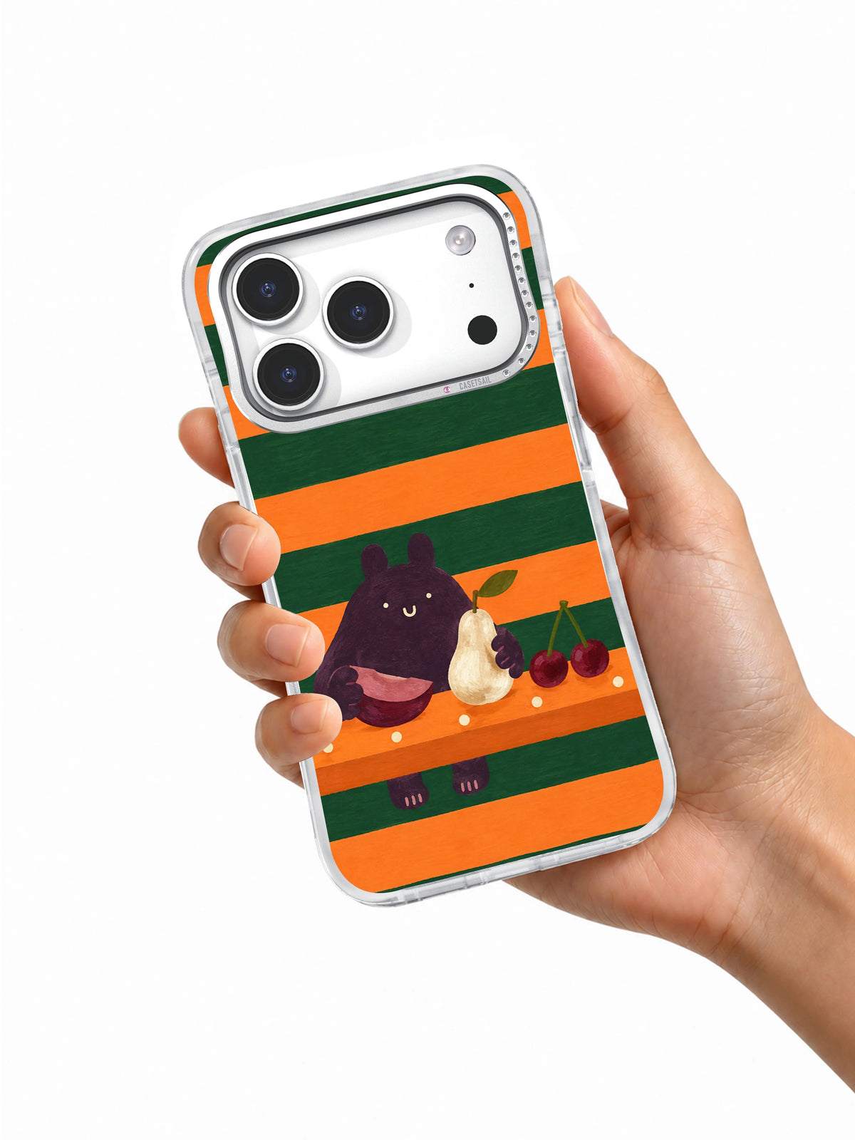 The Polka-Dot Picnic iPhone 17 Pro case held in hand