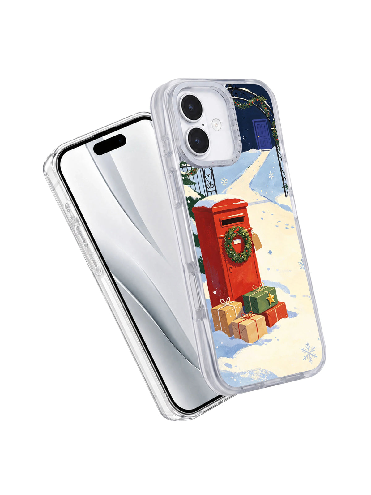 The Red Postbox in First Snow iPhone 17 case angled detail view