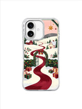 The Ribbon River to Home iPhone 17 case, burgundy ribbon road through a snowy village, pattern 1