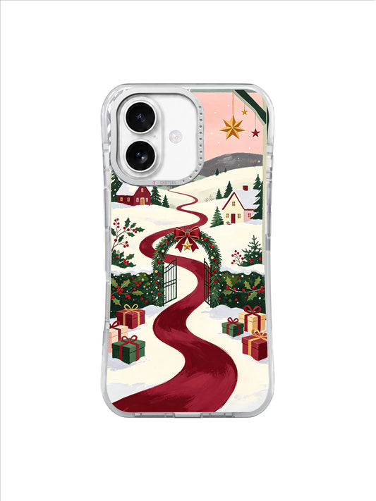 The Ribbon River to Home iPhone 17 case, burgundy ribbon road through a snowy village, pattern 1