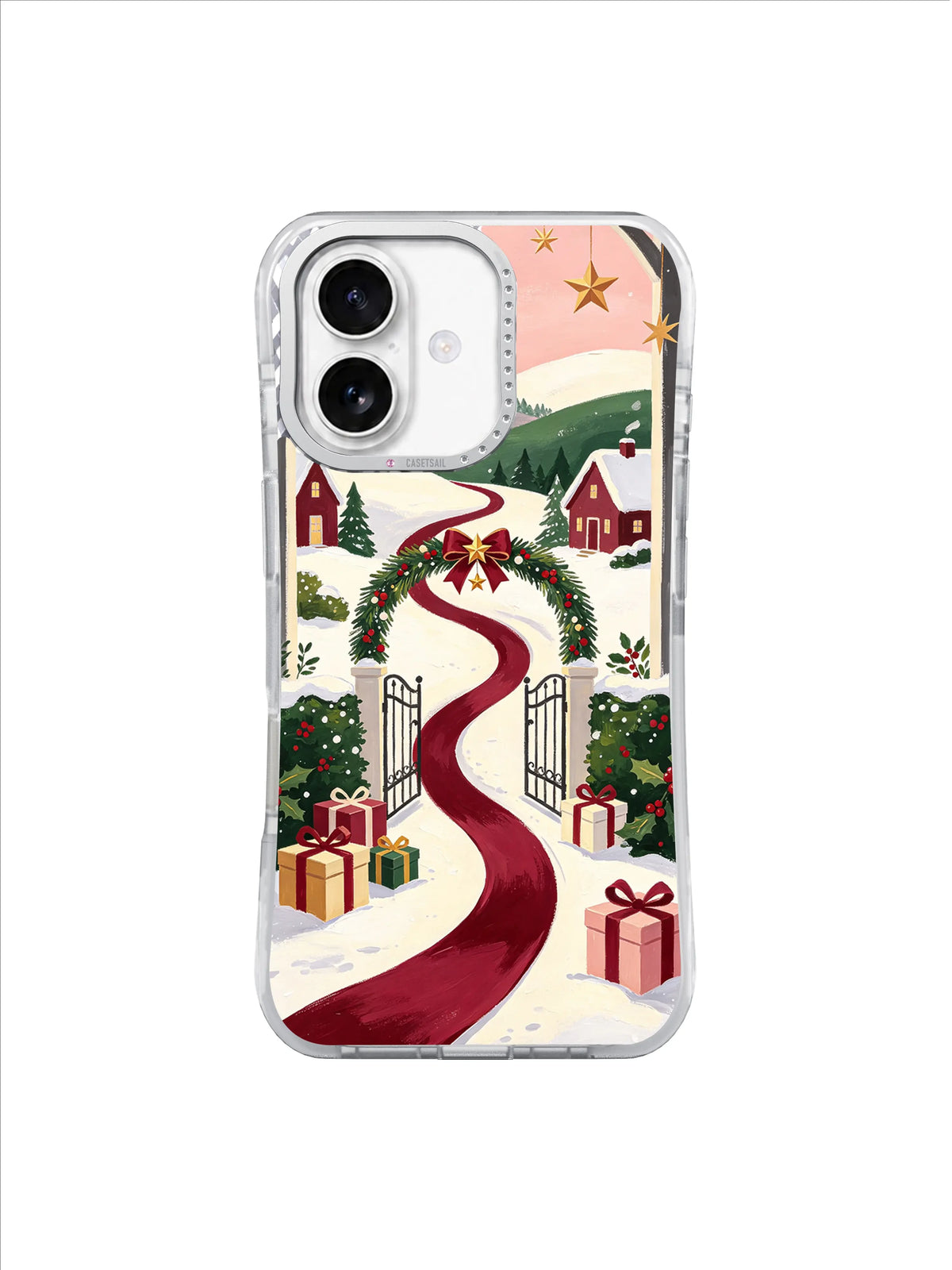 The Ribbon River to Home iPhone 17 case, snowy hills and gift-lined ribbon path, pattern 3