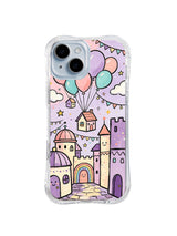 Balloon Castle Celebration: Pastel balonlar küçük bir kale ve bulutların üzerinde süzülür.