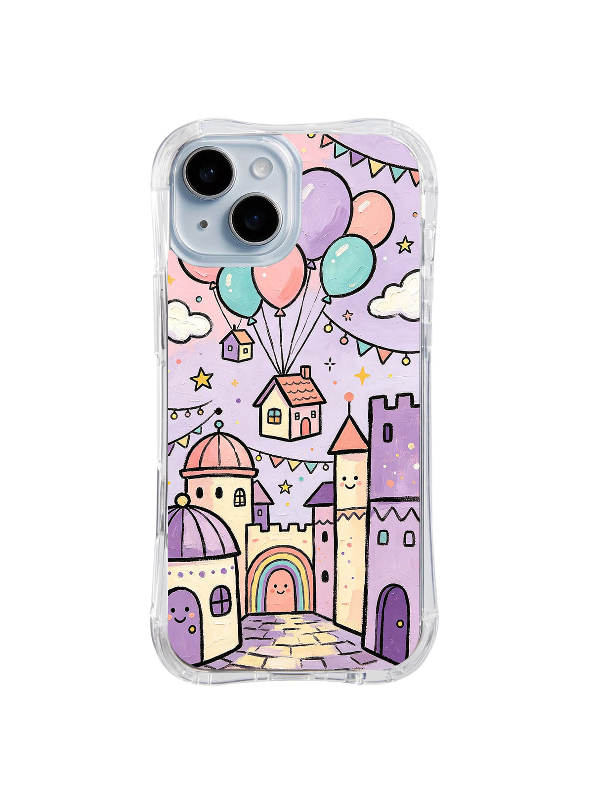 Balloon Castle Celebration: Pastel balonlar küçük bir kale ve bulutların üzerinde süzülür.