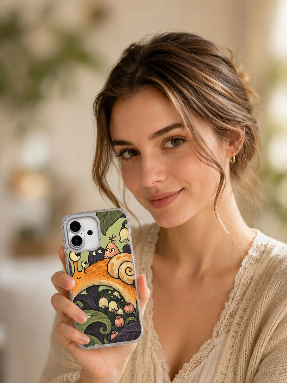 Lifestyle view of The Snail Bus Takes Its Time iPhone 17 case
