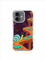 Curious snail on layered orange and turquoise garden terraces against aubergine