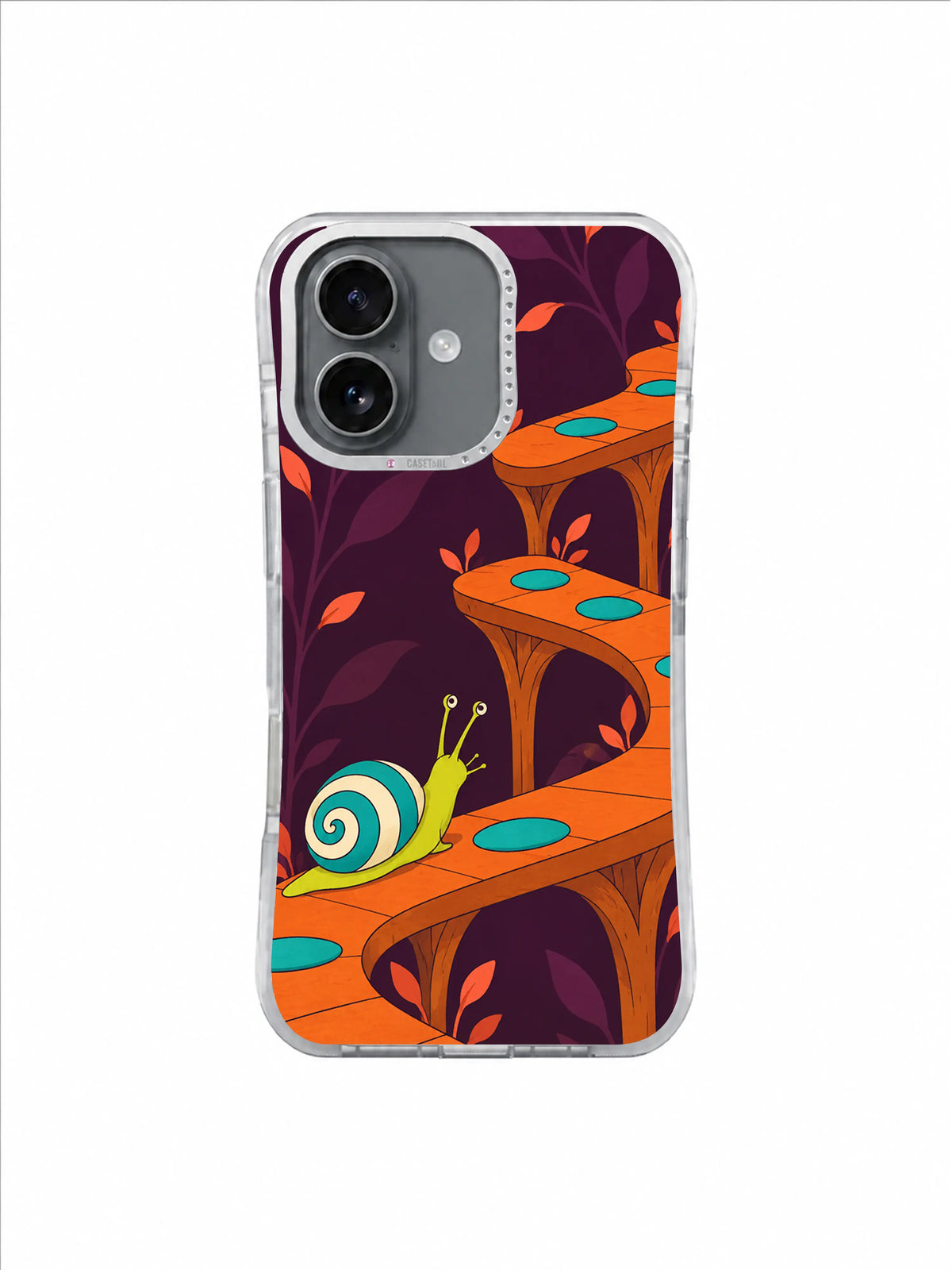 Chartreuse snail climbing orange terraces with coral leaves on a dark plum phone case