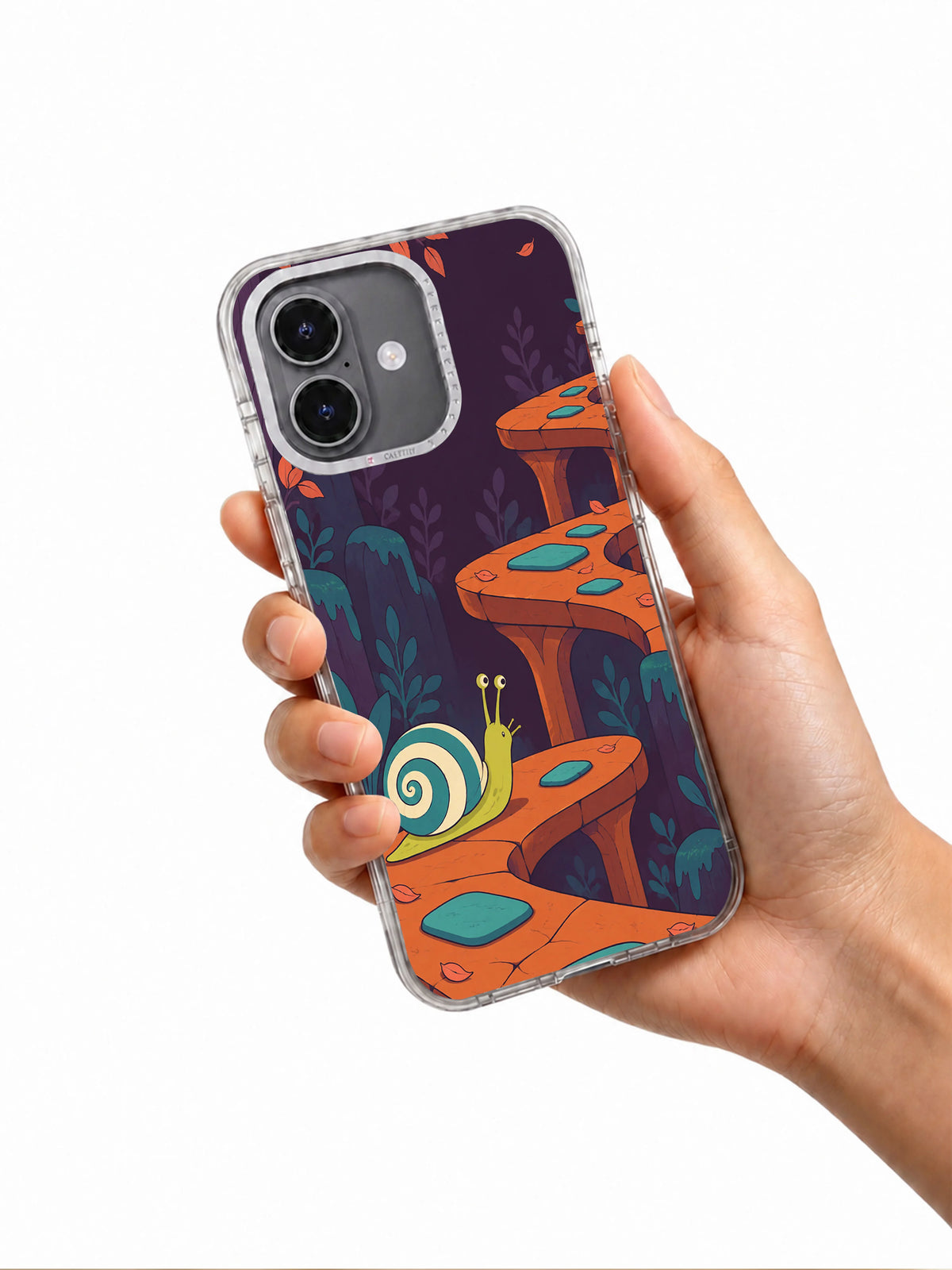 The Snail’s Folded Shortcut iPhone 17 case shown naturally in hand