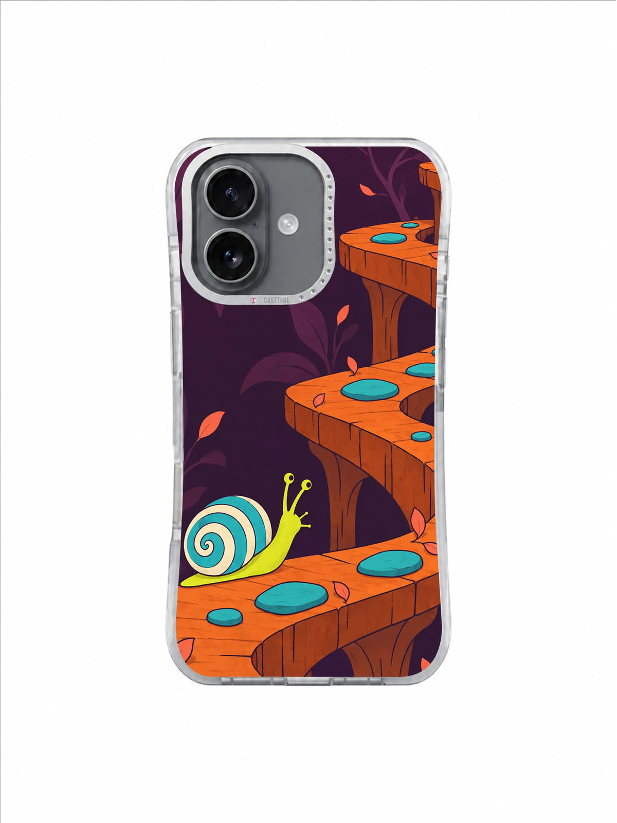 Turquoise-shell snail following a burnt-orange folded shortcut on an aubergine phone case