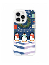 Christmas penguin iPhone 15 Pro case with blue gift wall, snowflakes and stepped stage