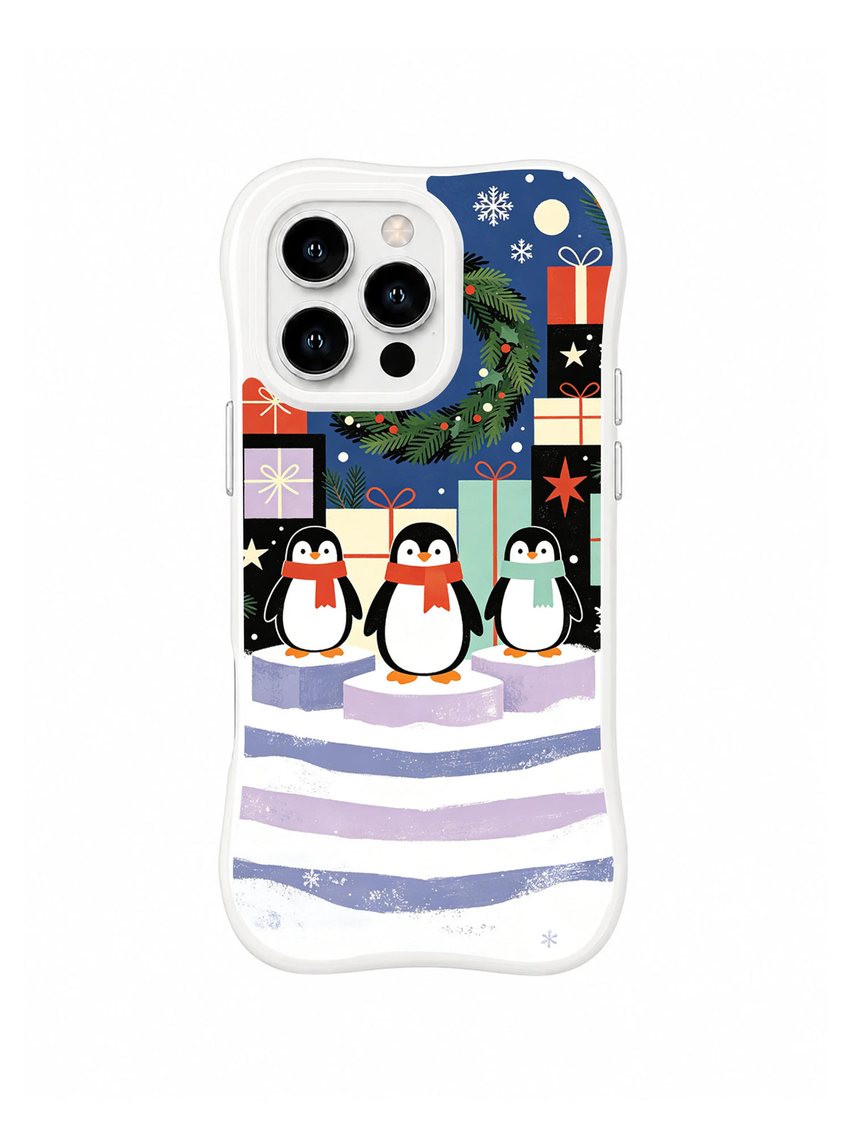 Snow choir iPhone 15 Pro case with penguin trio, red gifts and pale lavender steps