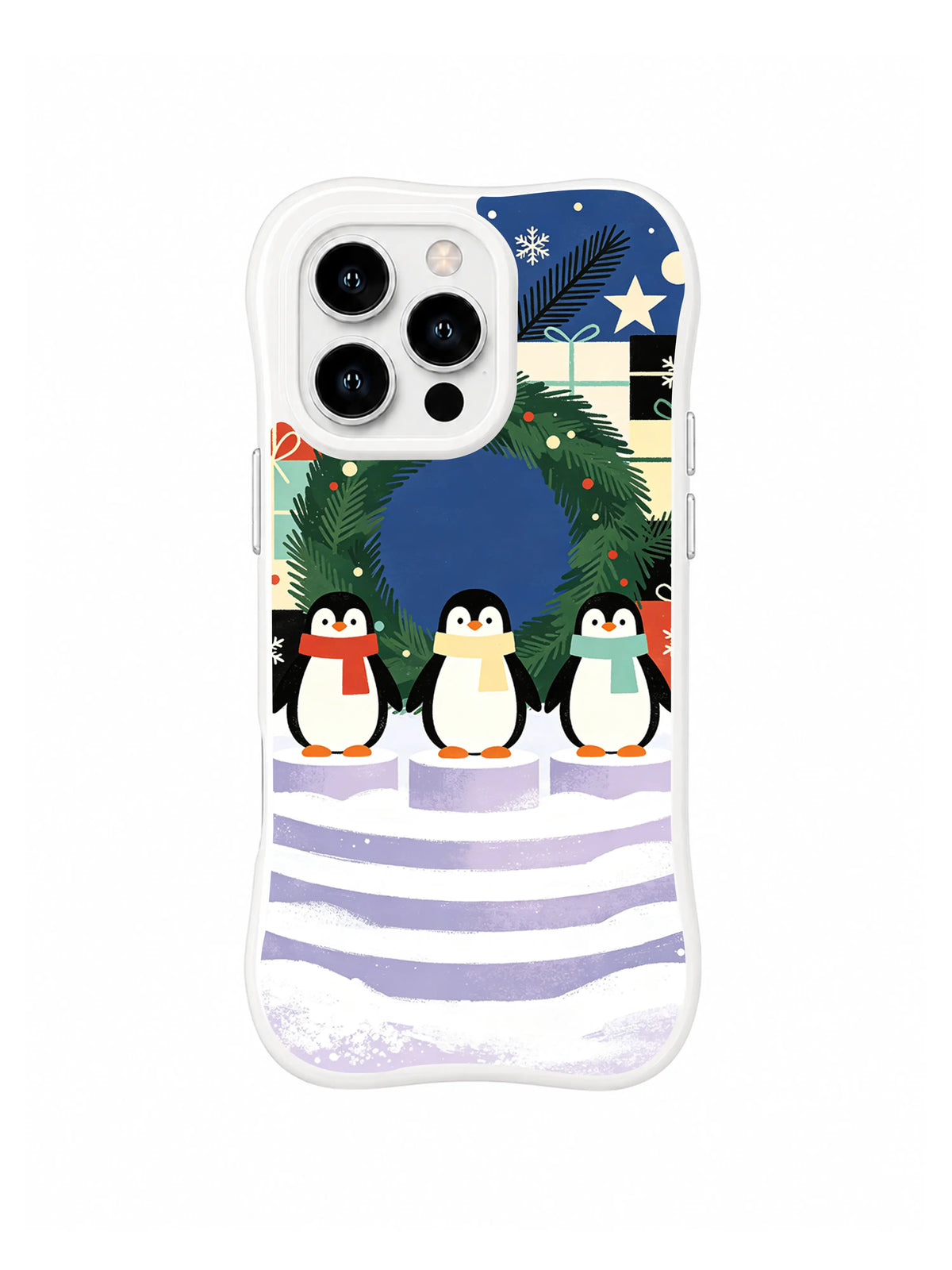 Cute penguin iPhone 15 Pro case with lavender snow steps, paper stars and fir branches