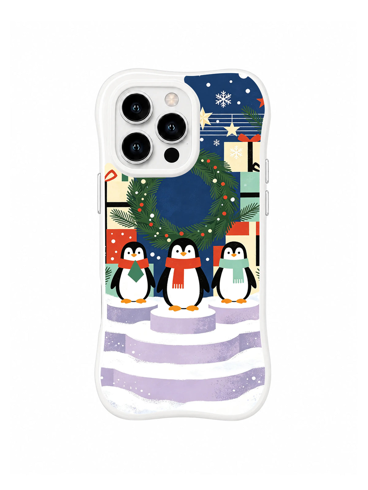 Three penguins iPhone 15 Pro case with varied scarves, wreath, paper stars and snowbanks