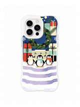 Penguin iPhone 15 Pro case with three scarfed penguins, evergreen wreath and gifts
