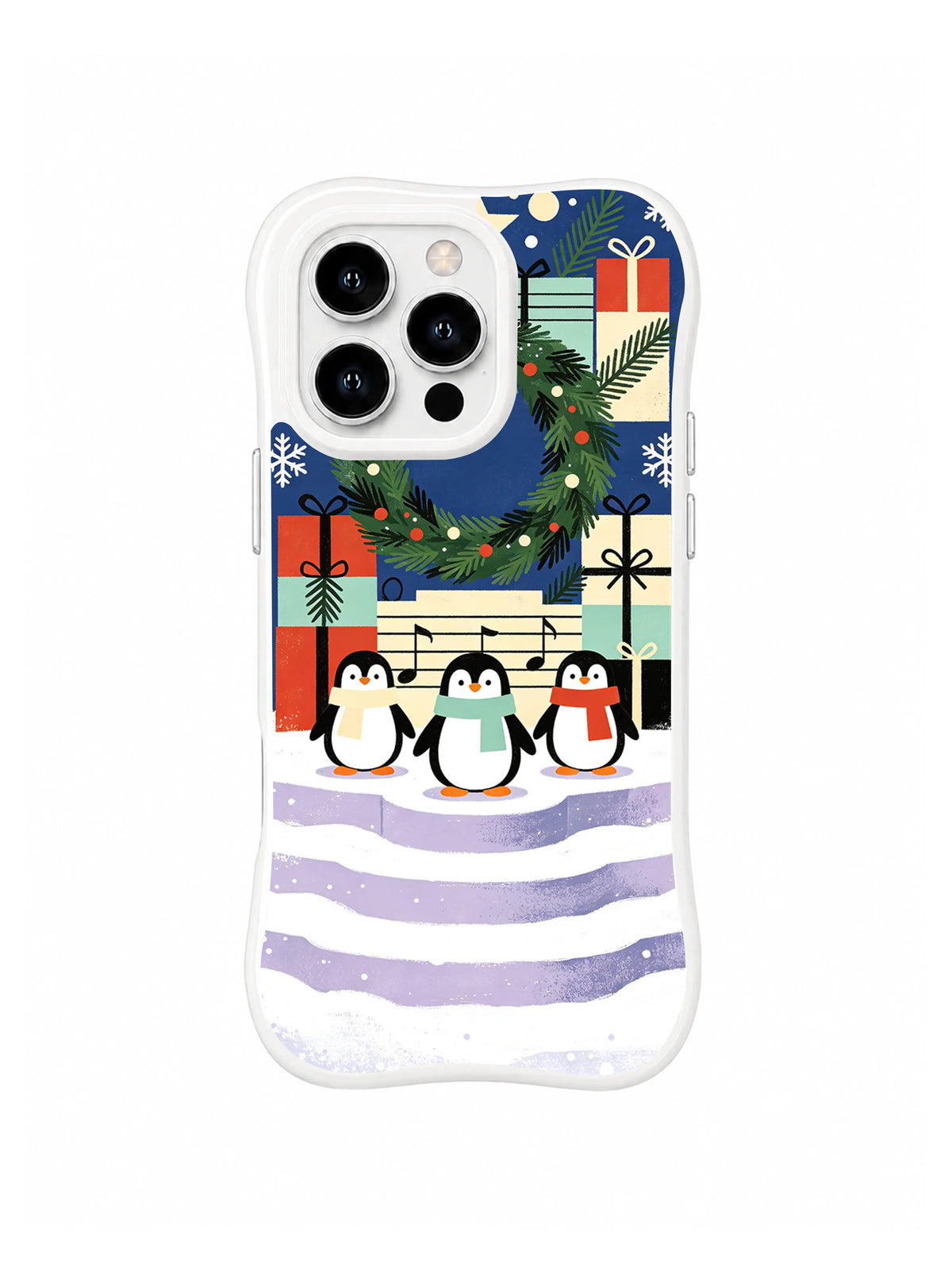 Penguin iPhone 15 Pro case with three scarfed penguins, evergreen wreath and gifts