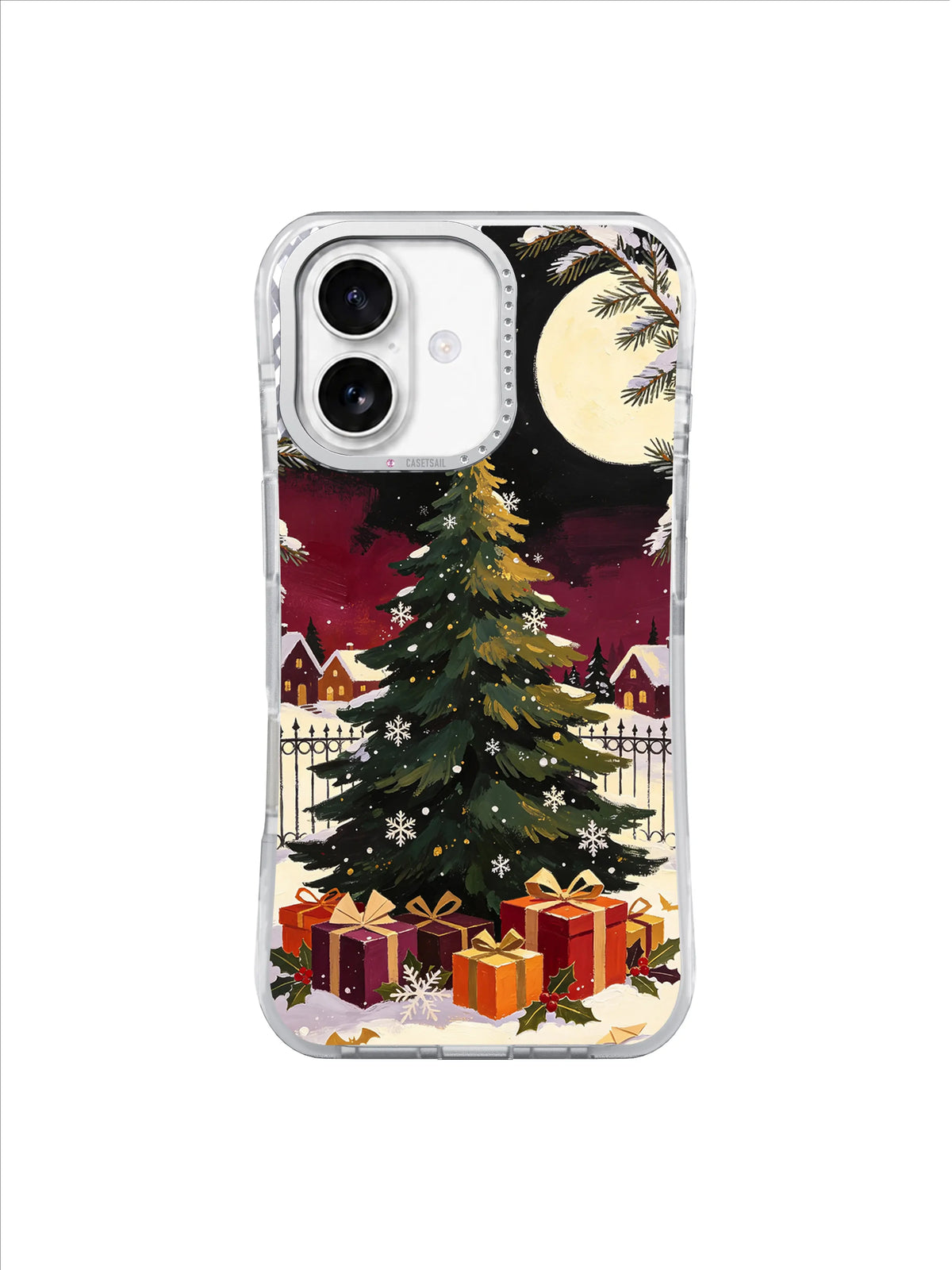 The Star That Found Christmas Eve iPhone 17 case with moonlit fir, chalets and parcels