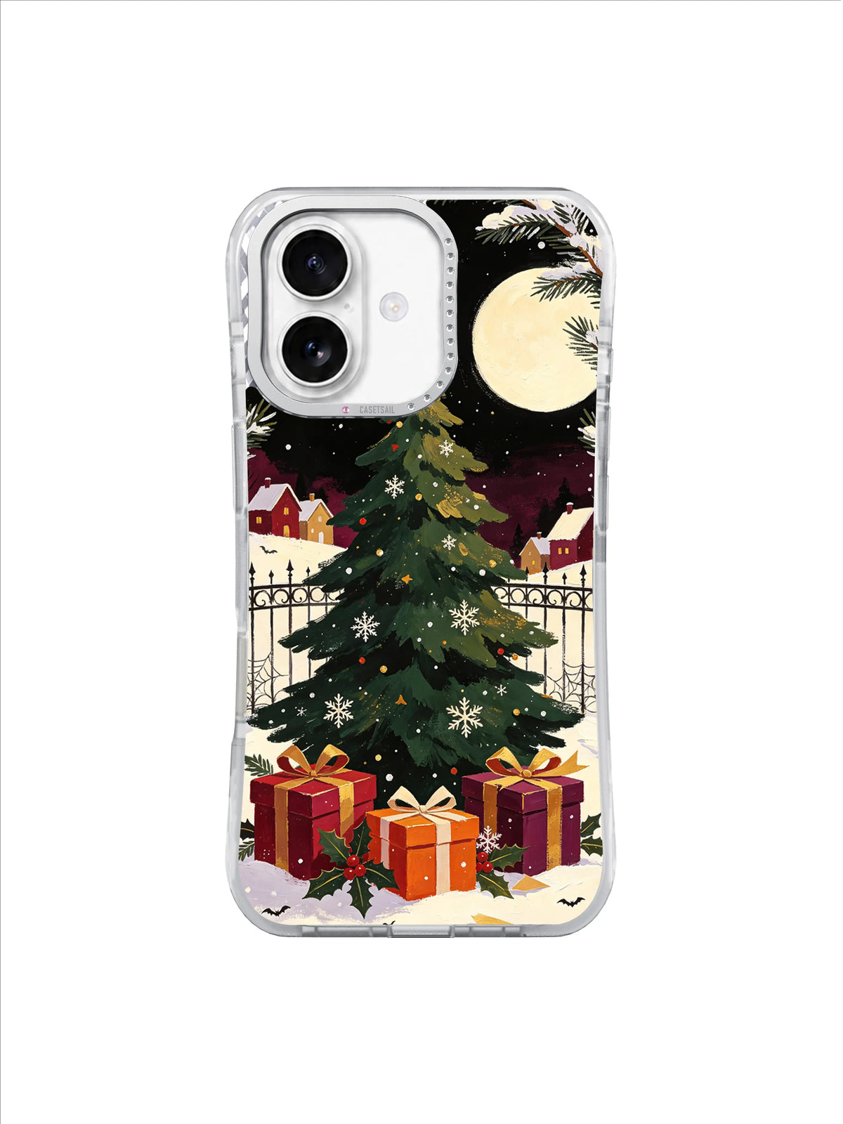 The Star That Found Christmas Eve iPhone 17 case with dark evergreen and red gold gifts