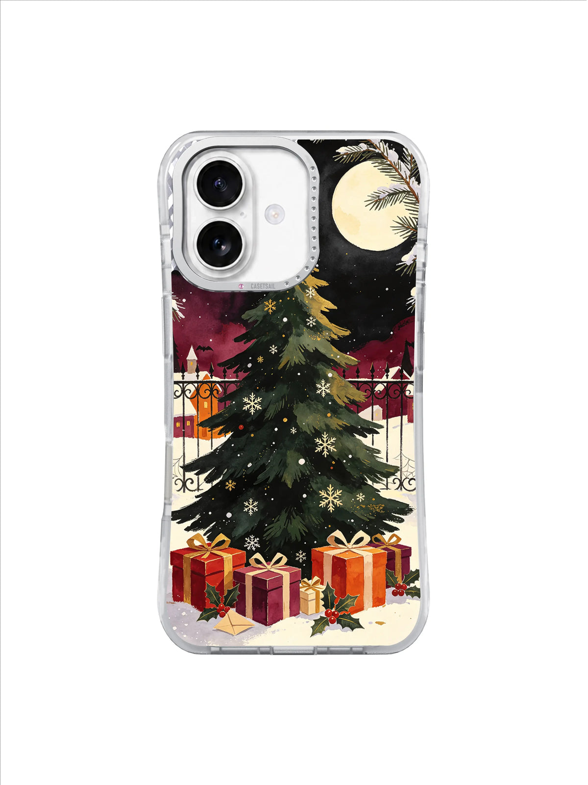 The Star That Found Christmas Eve iPhone 17 case with plum sky, iron fence and holiday tree