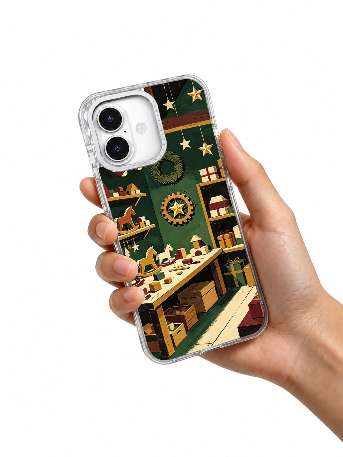 The Toymaker’s Midnight Window iPhone 17 case held in hand