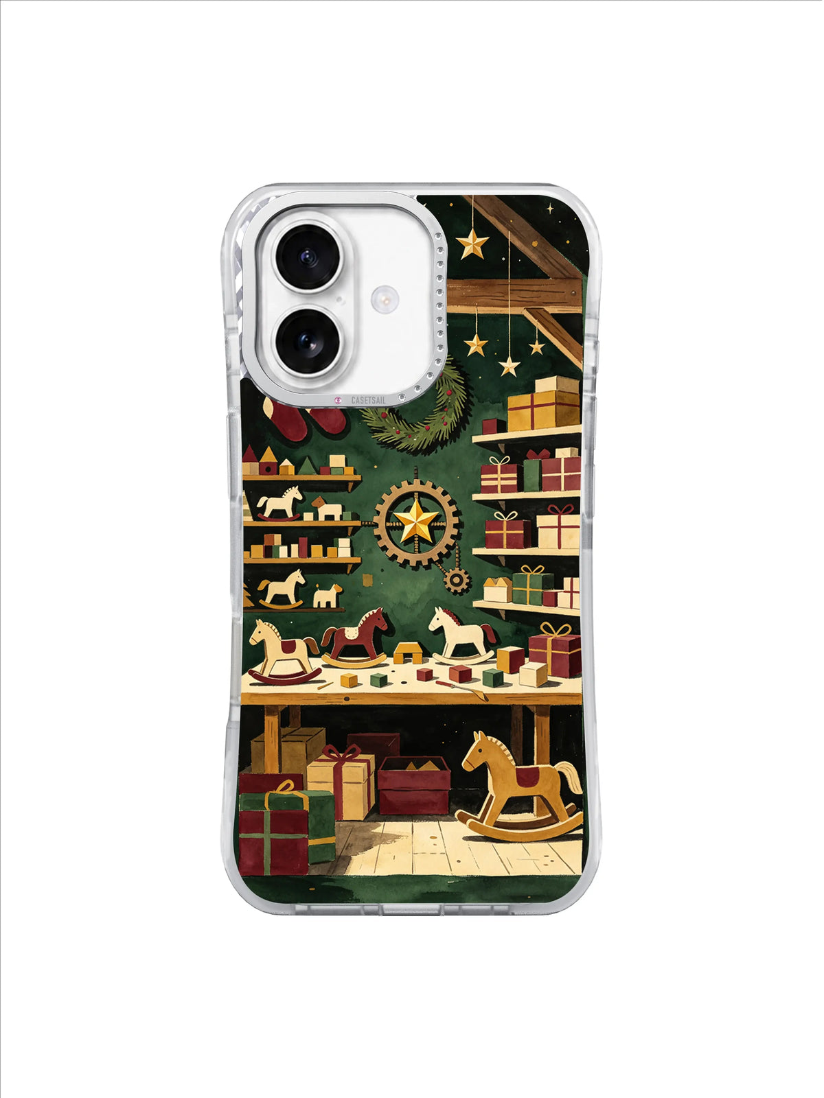 The Toymaker’s Midnight Window iPhone 17 case – Rocking Horse Bench pattern