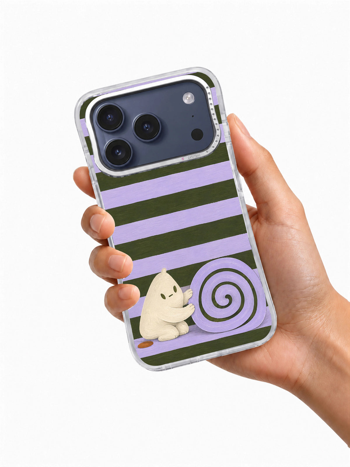 The Unhurried Spiral iPhone 17 Pro case held in hand