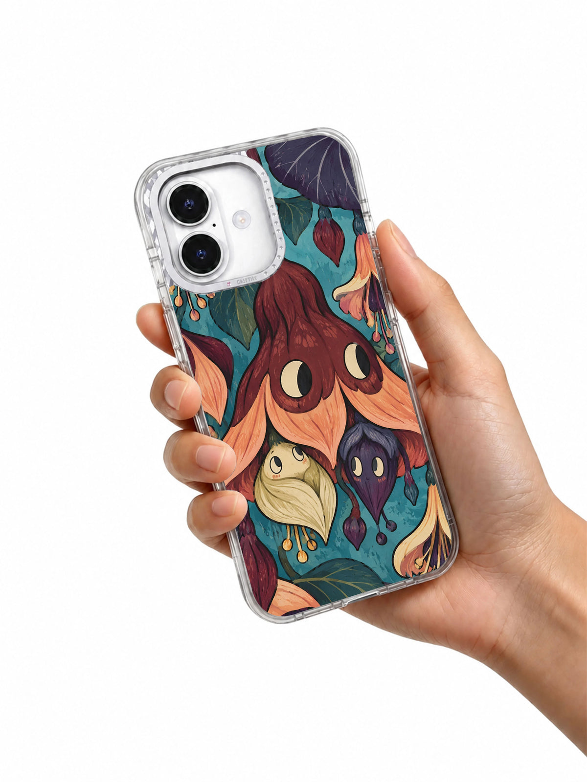 The Upside-Down Bloom iPhone 17 case held in hand