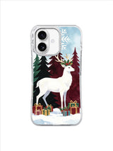 Tall white stag above jewel-colored Christmas gifts on an iPhone 17 case
