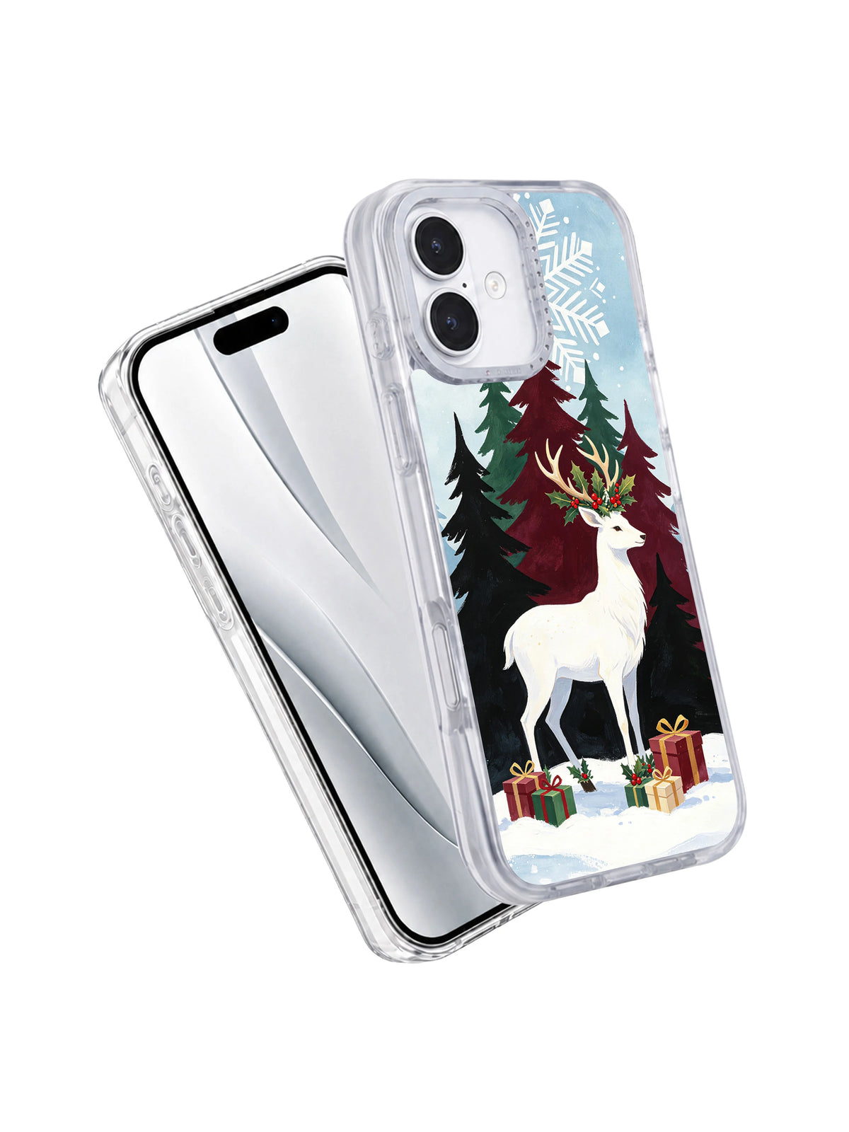 Angled front and back view of the White Stag’s Holly Crown iPhone 17 case