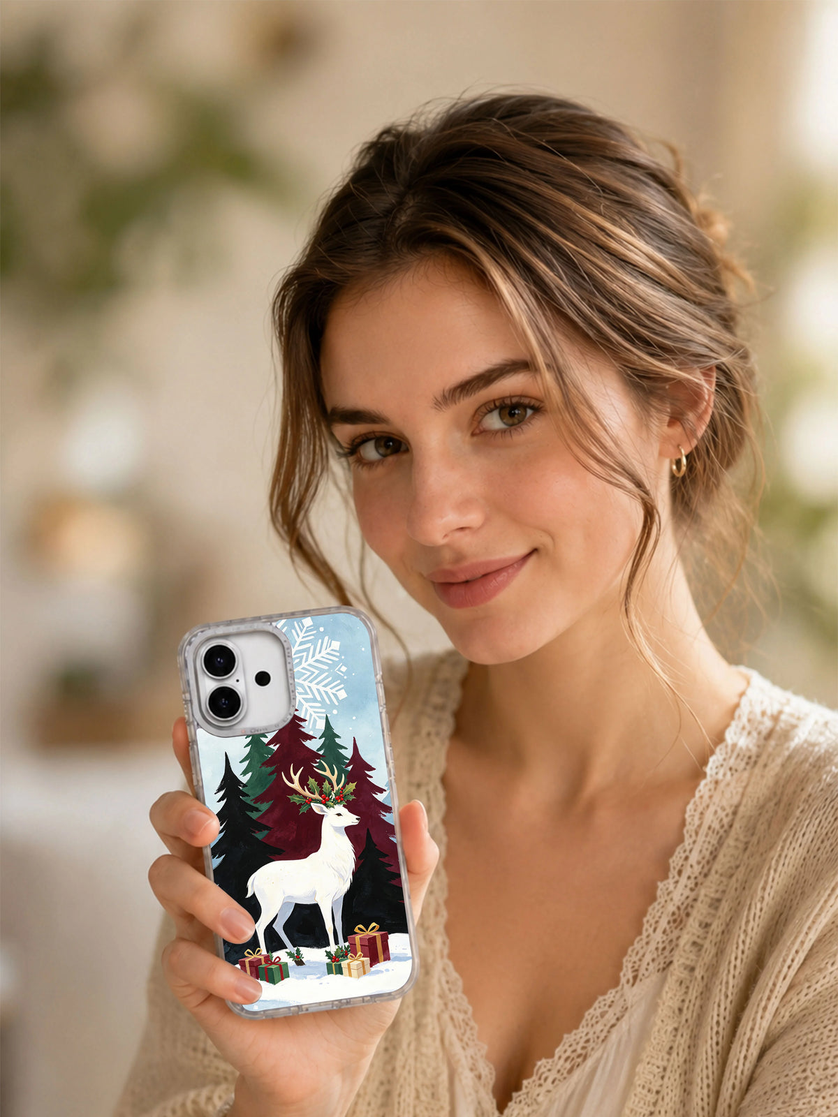 Lifestyle view of the White Stag’s Holly Crown iPhone 17 case